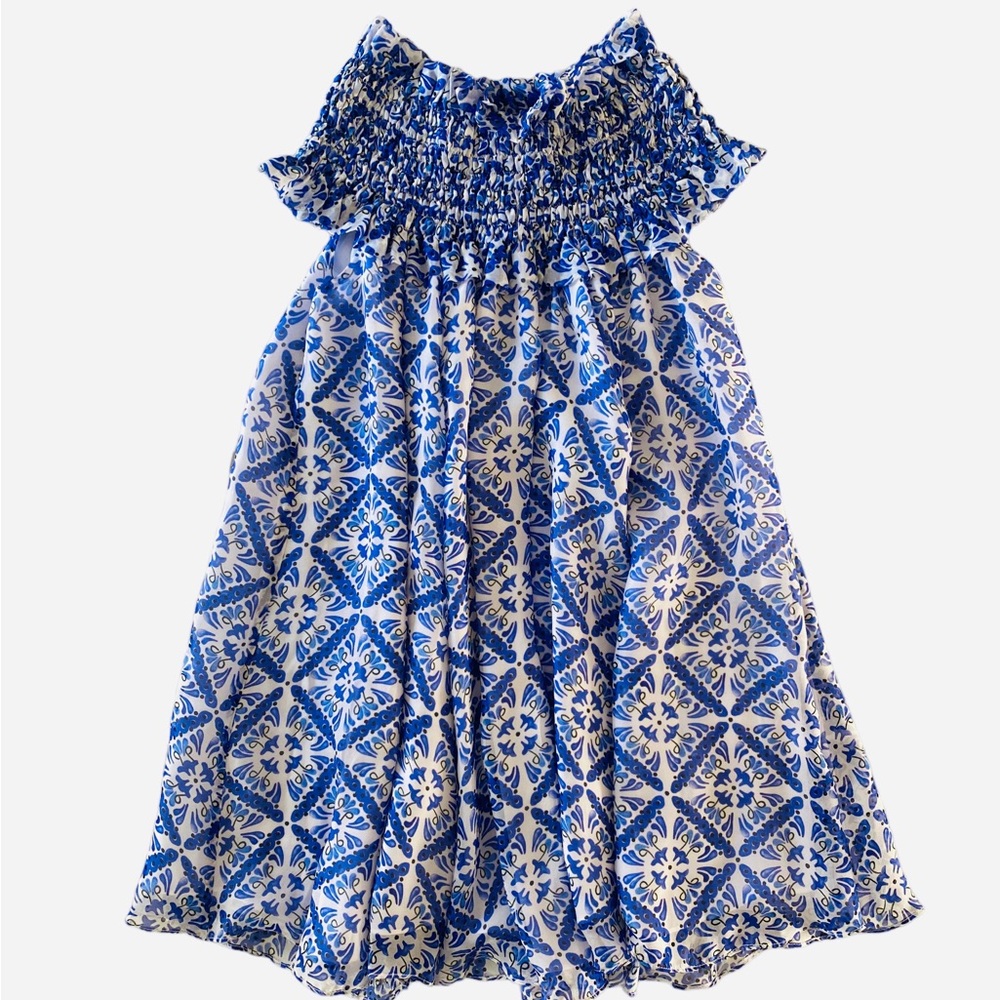 Caroline Constas Blue and White Smocked Ruffled Blouse